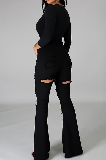 High Waist Hurnt Flower Hole Flare Jeans LA3262
