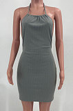 Sexy Bright Silk Backless Round Neck Knotted Strap Rib Mini Dress AYM5009