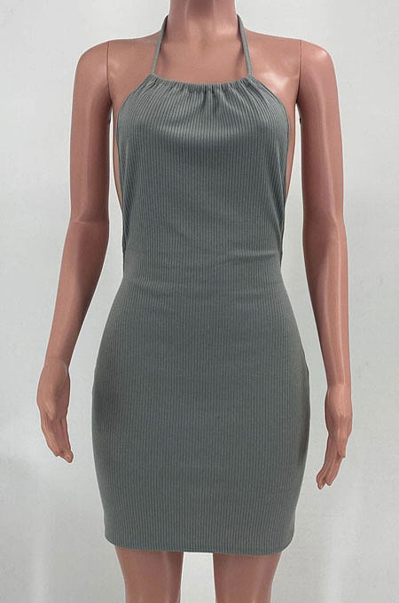 Sexy Bright Silk Backless Round Neck Knotted Strap Rib Mini Dress AYM5009