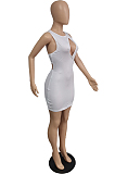 Pure Color Round Neck Sleeveless Hollow Out Package Hip Skirt MK007