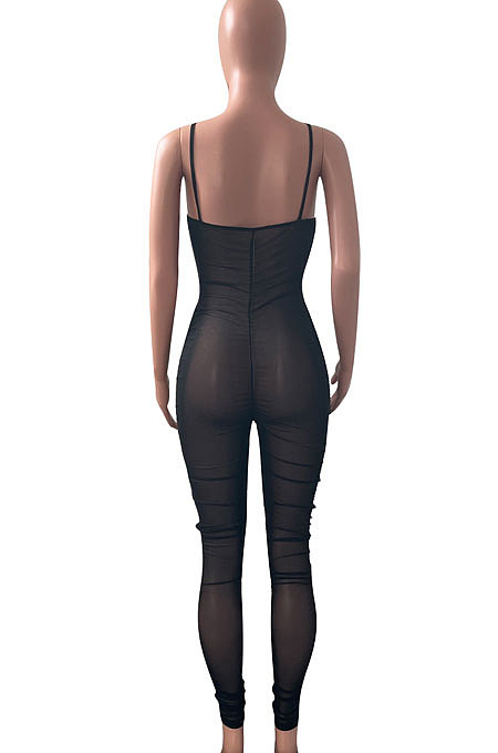 Shirred Detail Net Yarn Tight Sexy Bodycon Jumpsuits NK233