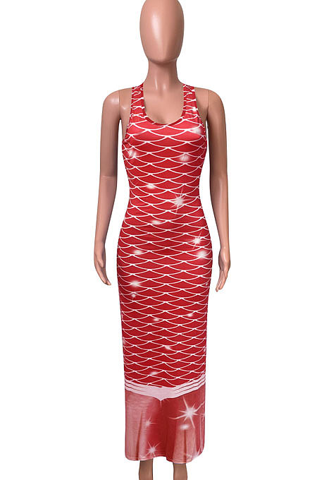 Fish Scales Positioning Printing Sleeveless Long Dress NK231