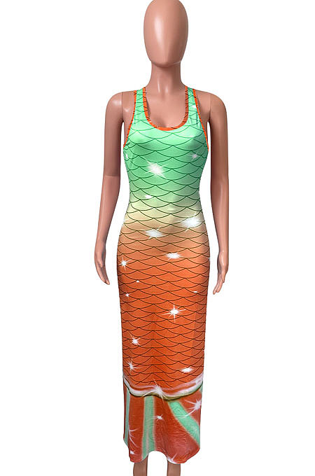 Fish Scales Double Color Positioning Printing Sleeveless Long Dress NK232