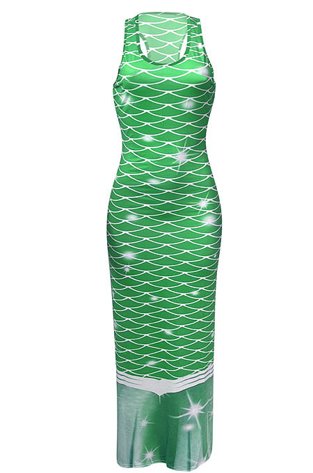 Fish Scales Positioning Printing Sleeveless Long Dress NK231