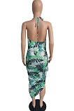 Fashion Sexy Digital Print Hang A Neck Drawsting Dress MK026