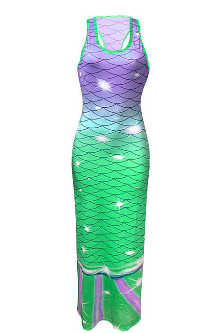 Fish Scales Double Color Positioning Printing Sleeveless Long Dress NK232