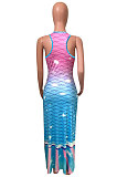 Fish Scales Double Color Positioning Printing Sleeveless Long Dress NK232