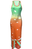 Fish Scales Double Color Positioning Printing Sleeveless Long Dress NK232