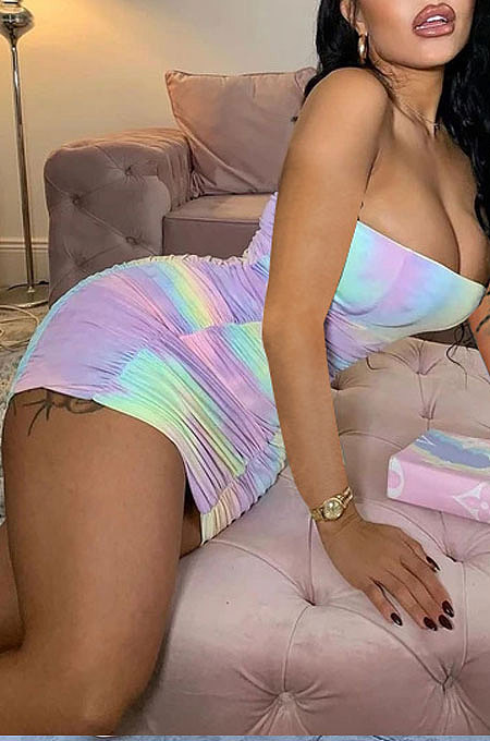Tie Dye Sexy Cute Ruffle Chest Warp Mini Dress MOL139