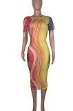 Tie Dye Sexy Net Yarn Hollow Out Perspective Short Sleev Midi Dress MOL137