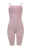 Trendy Women Sleeveless Front Zipper Pure Color Romper Shorts AYM5002