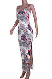 Open Fork Gallus Collect Waist Printing Knotted Strap Midi Dress JZH8043