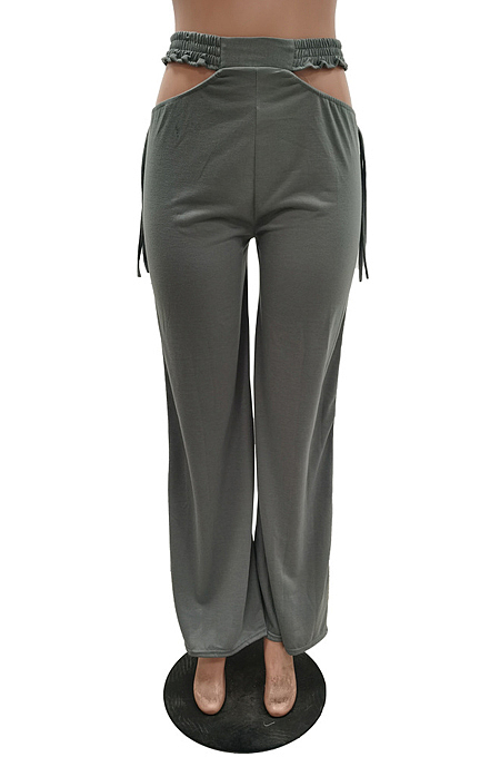 Casual Pure Color Hollow Out Waist Width Legs Flare Pants TRS1126