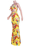 Euramerican Printing Bind Back Hollow Out Long Dress JZH8040