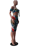 Women Casual Print Even The Sleeves Boob Tube Top Cropped Pants Suit TRS1127