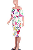 Lotus Leaf Neck Bandeau Bra Short Sleeve Fish Tail Printing Midi Dress MA6123
