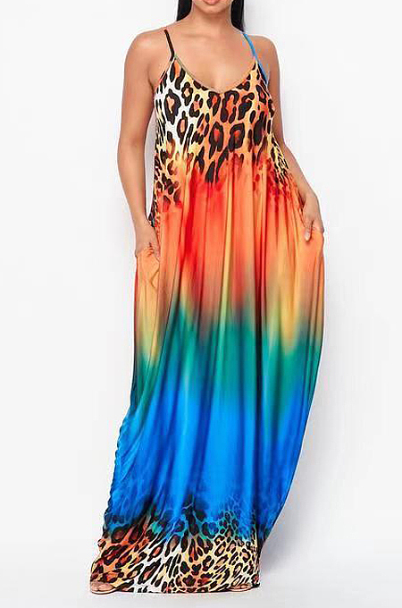 Casual Print Gradinet Loose Sling Long Dress F8352