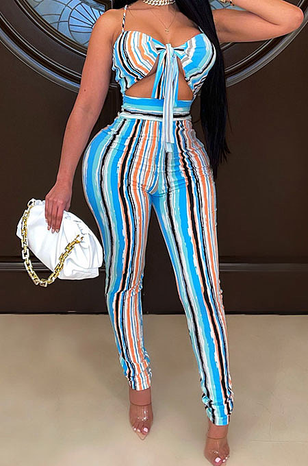 Gallus Sexy Knotted Strap Stripe Printing Club Pants Sest DY6652