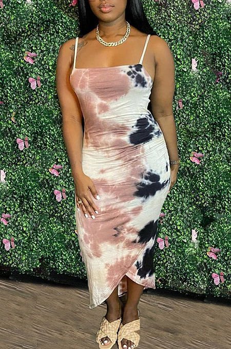 Fashion Tiie Dye Print Irregularity Cross Long Dress WM2329