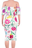 Lotus Leaf Neck Bandeau Bra Short Sleeve Fish Tail Printing Midi Dress MA6123