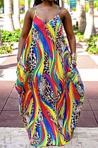 Pocket Printing Simple Giant Swing Loose Gallus Long Dress JZH8049