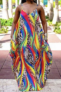 Pocket Printing Simple Giant Swing Loose Gallus Long Dress JZH8049