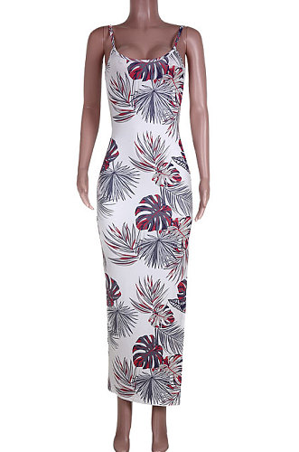 Open Fork Gallus Collect Waist Printing Knotted Strap Midi Dress JZH8043