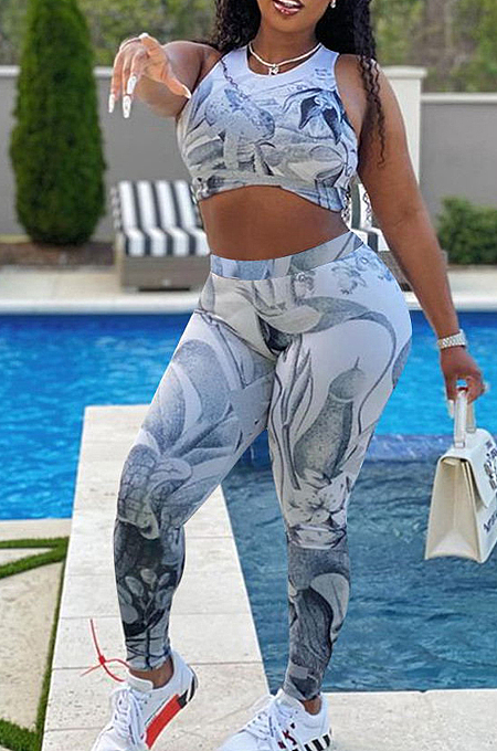 Casual Sport Print Jogging Yoge Vest Two-Piece F8353