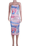 V Neck Printing Gallus Loose Back Hollow Out Midi Dress JZH8039