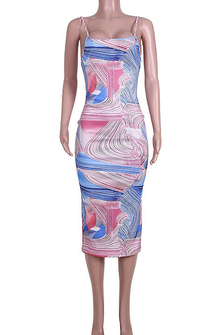 V Neck Printing Gallus Loose Back Hollow Out Midi Dress JZH8039