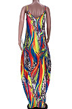 Pocket Printing Simple Giant Swing Loose Gallus Long Dress JZH8049