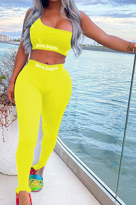 Pure Color Trendy Letter Printing Tight Sport Pants Sets MF6608