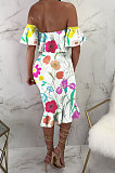 Lotus Leaf Neck Bandeau Bra Short Sleeve Fish Tail Printing Midi Dress MA6123