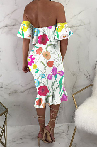 Lotus Leaf Neck Bandeau Bra Short Sleeve Fish Tail Printing Midi Dress MA6123