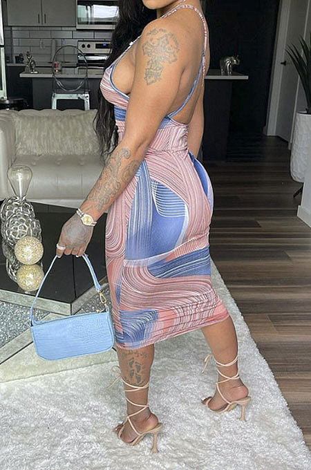 V Neck Printing Gallus Loose Back Hollow Out Midi Dress JZH8039
