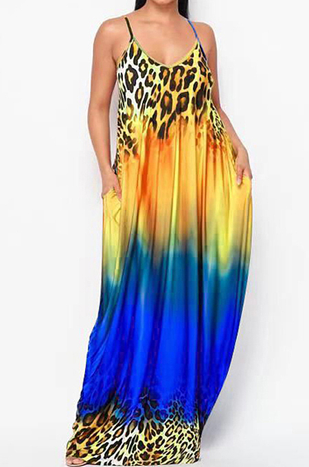 Casual Print Gradinet Loose Sling Long Dress F8352