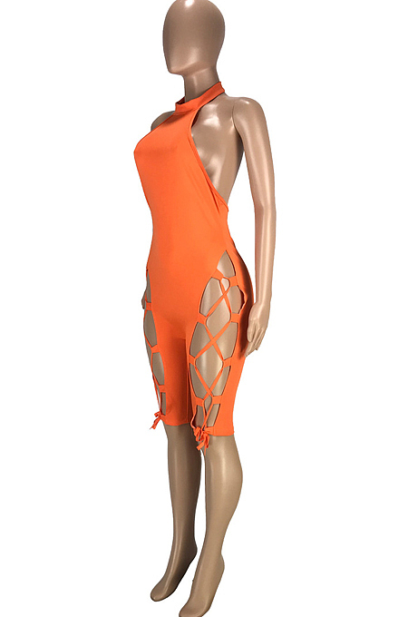 Casual Sexy Pure Color Ankle Strap Bind Hang A Neck Halterneck Jumpsuit SM9168