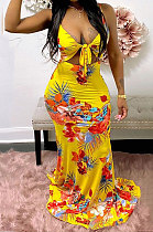 Euramerican Printing Bind Back Hollow Out Long Dress JZH8040