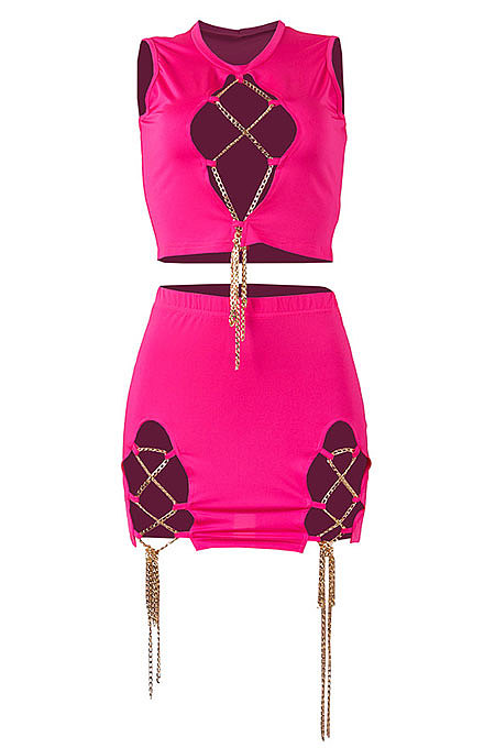 Sexy Open Fork Chain Pure Color Skirts Sets MA6672