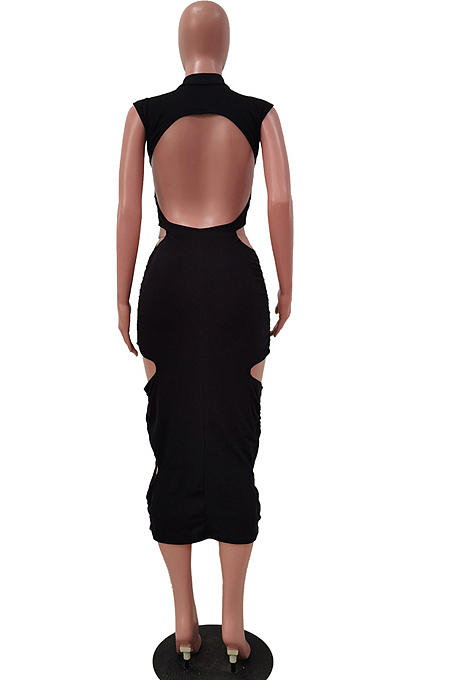 Euramerican Pure Color Hollow Out Fold Sleeveless Halteuneck Dress TRS1128