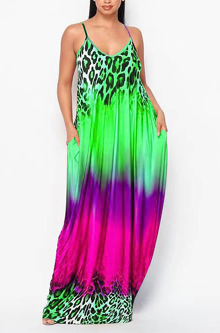 Casual Print Gradinet Loose Sling Long Dress F8352