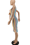 Fashion Stripe Bind Printing Tight Dress QL1002