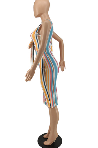 Fashion Stripe Bind Printing Tight Dress QL1002