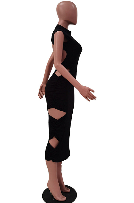 Euramerican Pure Color Hollow Out Fold Sleeveless Halteuneck Dress TRS1128