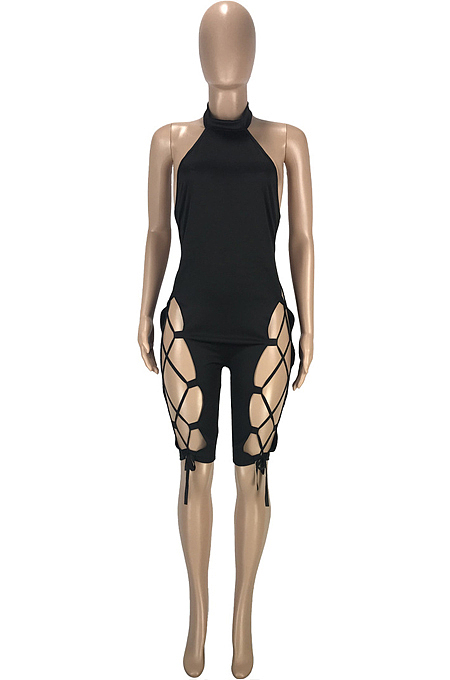Casual Sexy Pure Color Ankle Strap Bind Hang A Neck Halterneck Jumpsuit SM9168