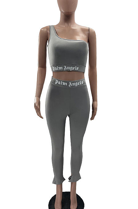 Pure Color Trendy Letter Printing Tight Sport Pants Sets MF6608
