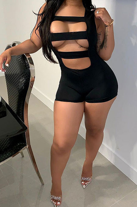 Sexy Sleeveless Square Neck Hole Pure Color Romper Shorts LD9128