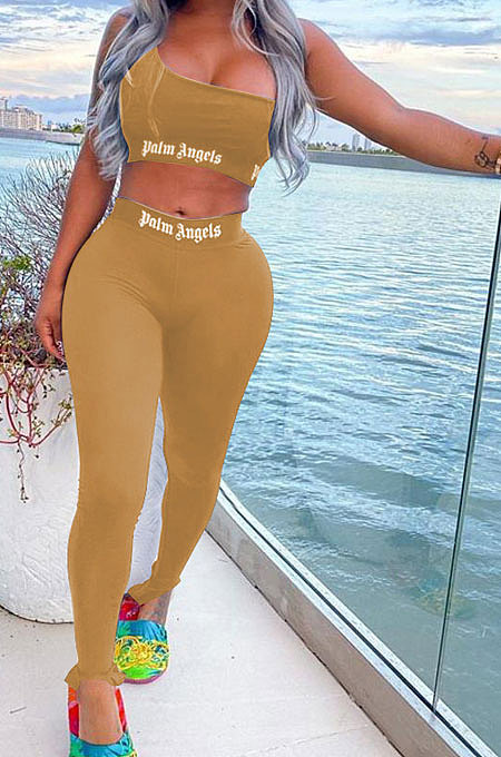 Pure Color Trendy Letter Printing Tight Sport Pants Sets MF6608
