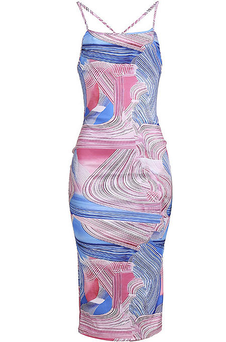 V Neck Printing Gallus Loose Back Hollow Out Midi Dress JZH8039