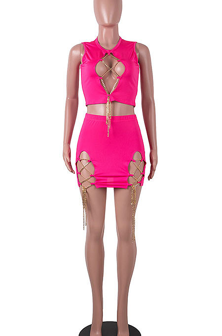 Sexy Open Fork Chain Pure Color Skirts Sets MA6672